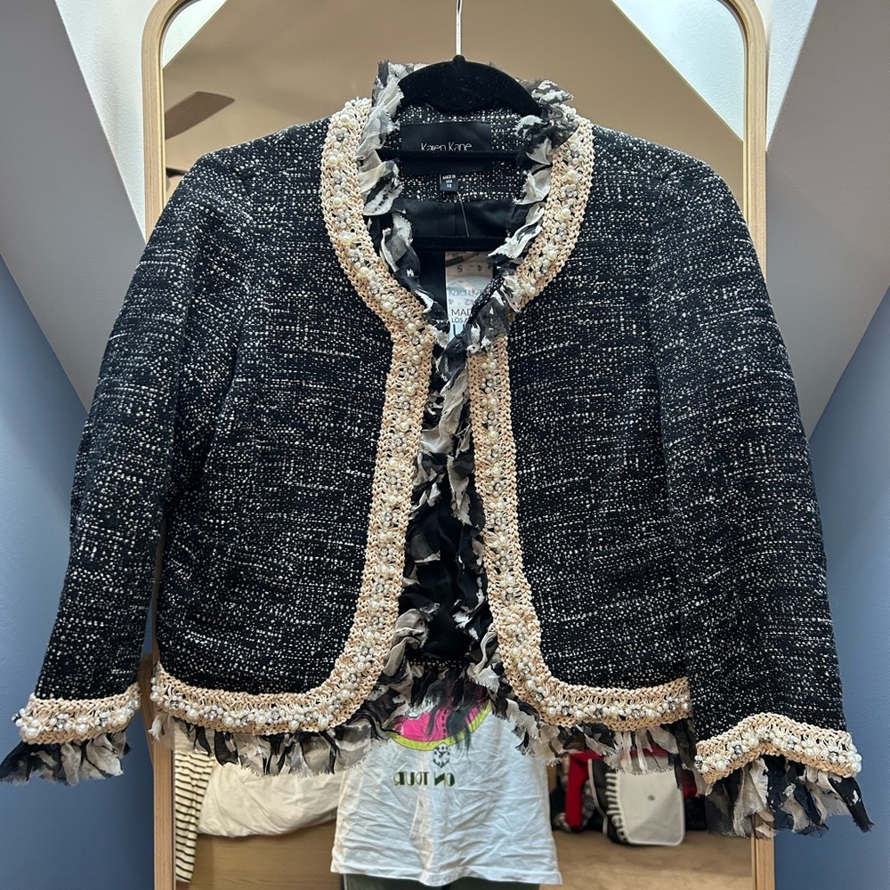 NWT Black and Cream Karen Kane Jacket, size XS, pearl and crystal details